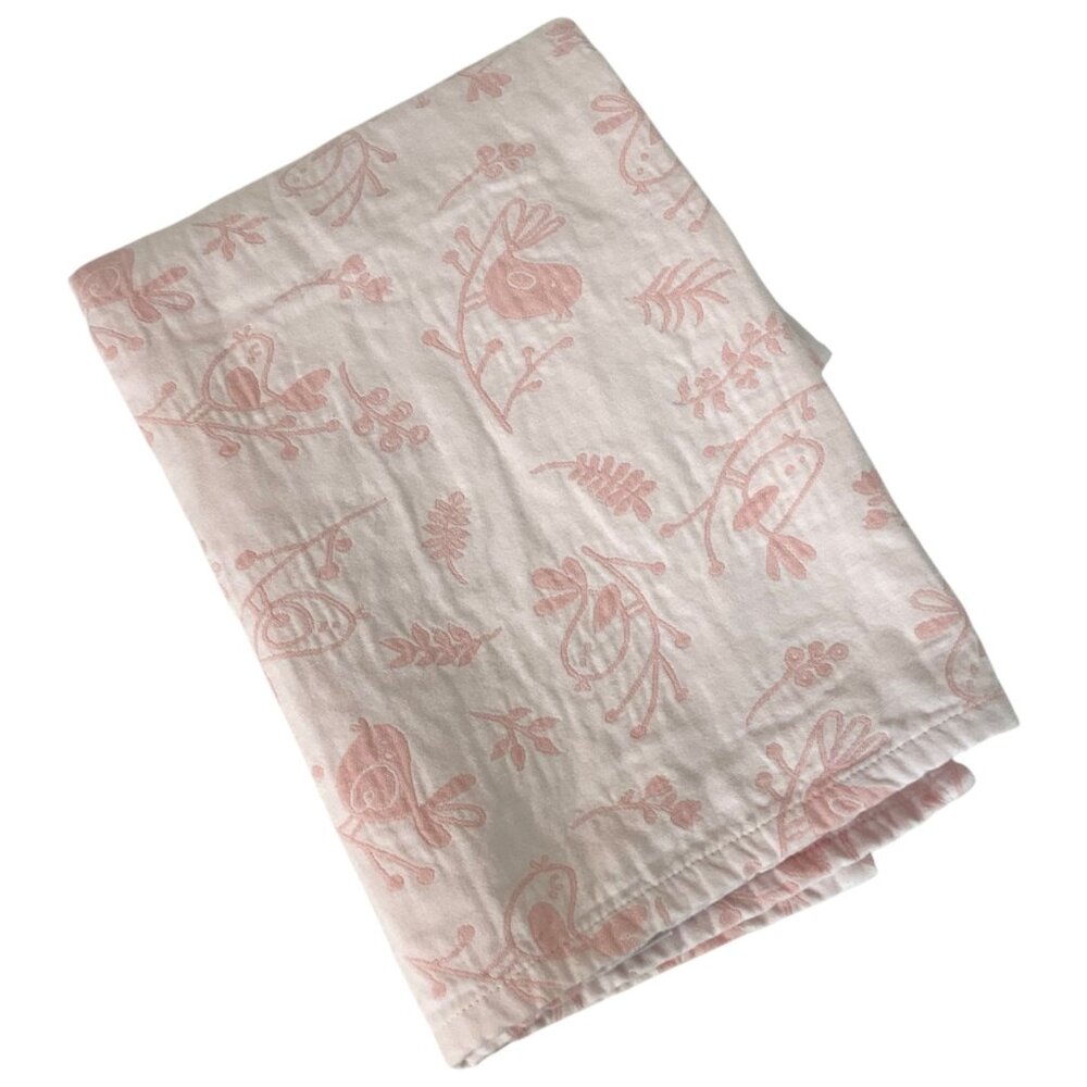 Peacock Alley Bird Print Baby Girls Blanket Pink & White Cotton Made In Portugal